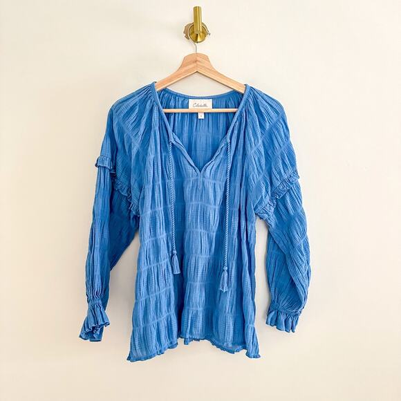 Cleobella Azariah Long Sleeve Smocked Split Neck Blouse Blue S - Picture 2 of 12